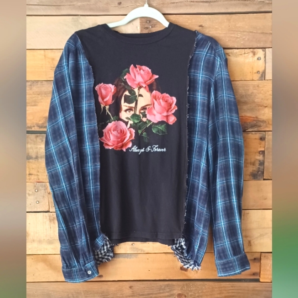 Upcycled Samii Ryan Black Graphic Tee with Blue Plaid Shirt